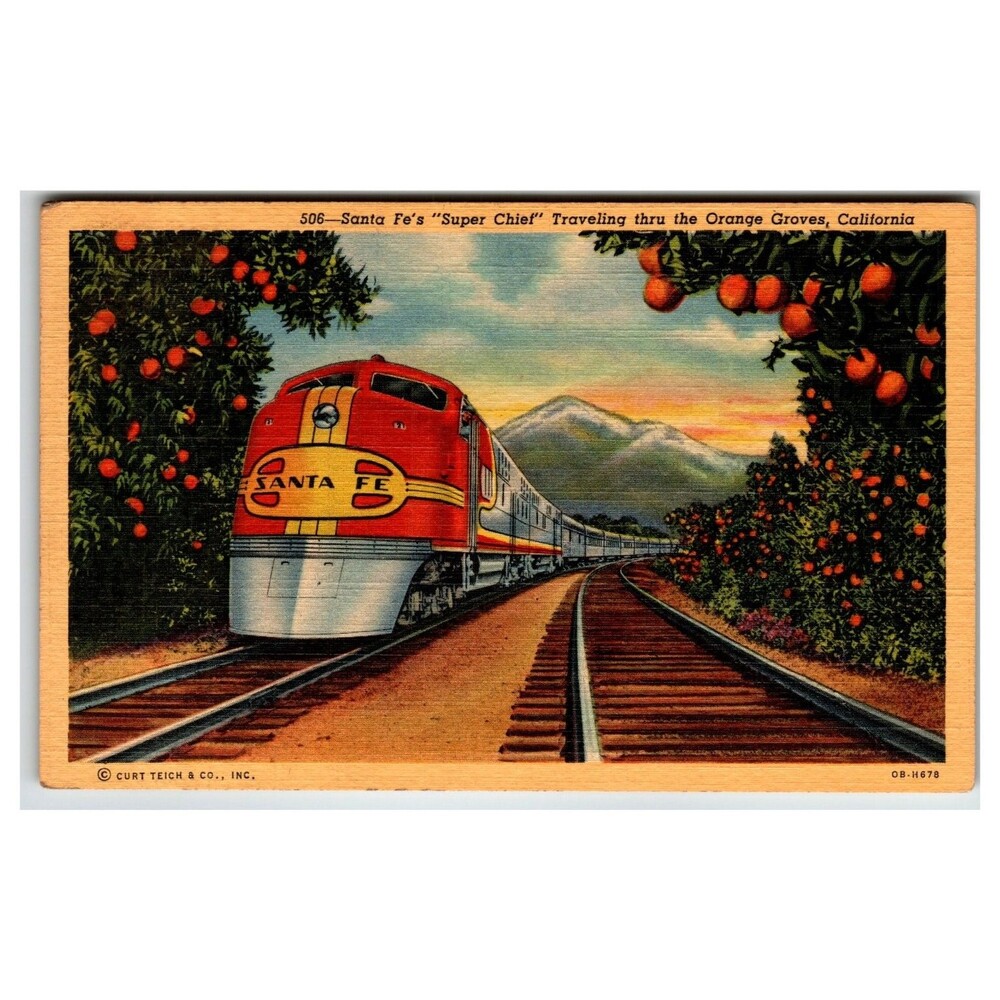 Santa Fe Super Chief Train Orange Groves California Curt Teich Postcard 1941